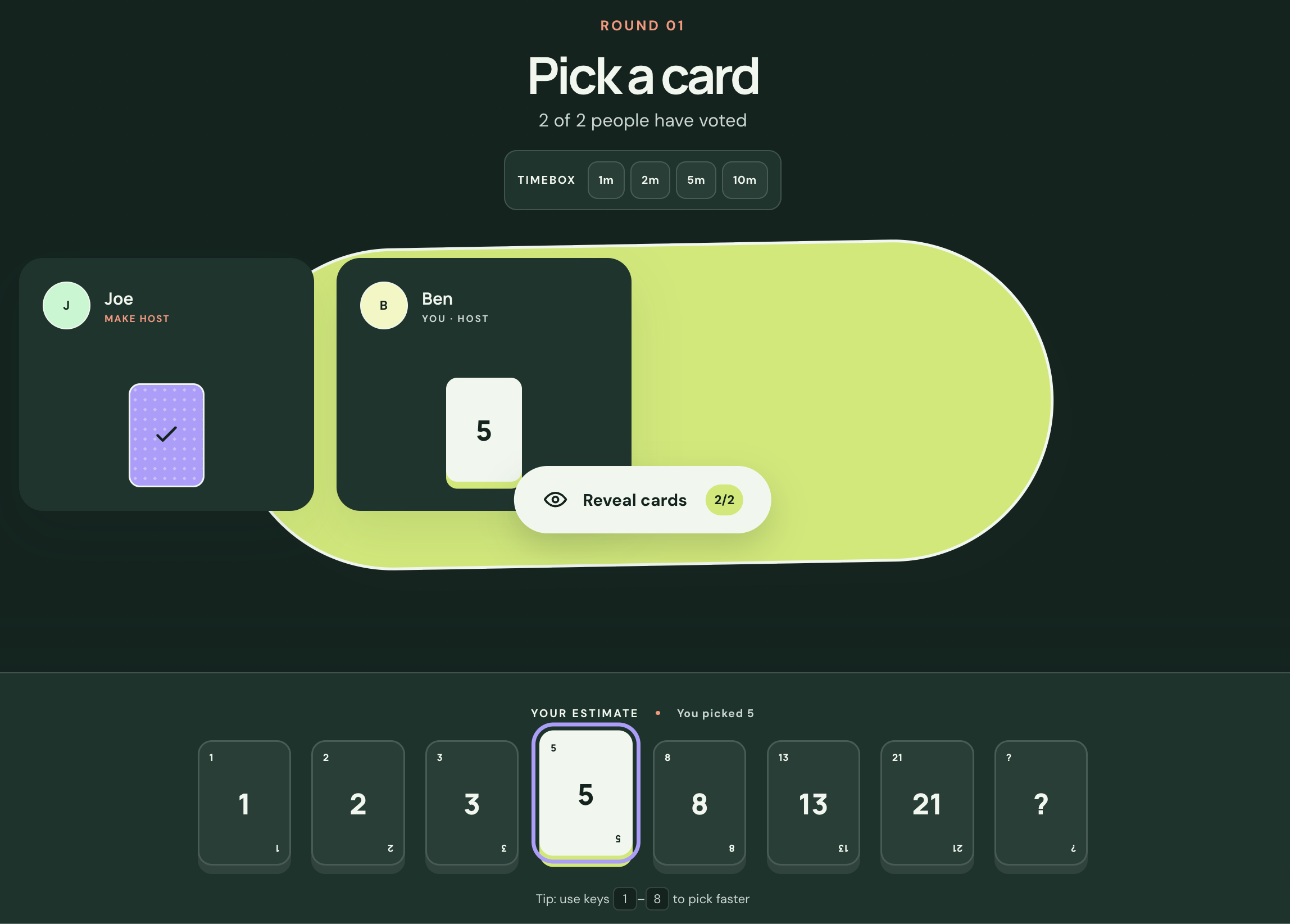 The same room with two of two people voted: one card still face down, the host's showing a 5, and a Reveal cards button marked 2 of 2.