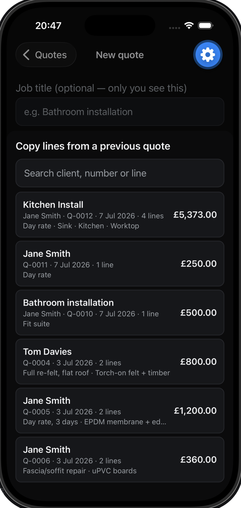 A phone screen listing previous quotes to copy lines from, each with its client, date and total.
