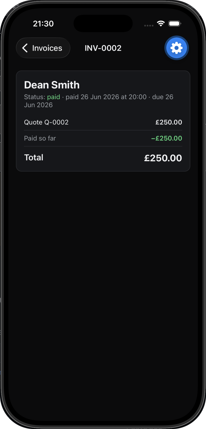 A paid invoice on a phone, showing the originating quote, the amount paid and a zero balance.