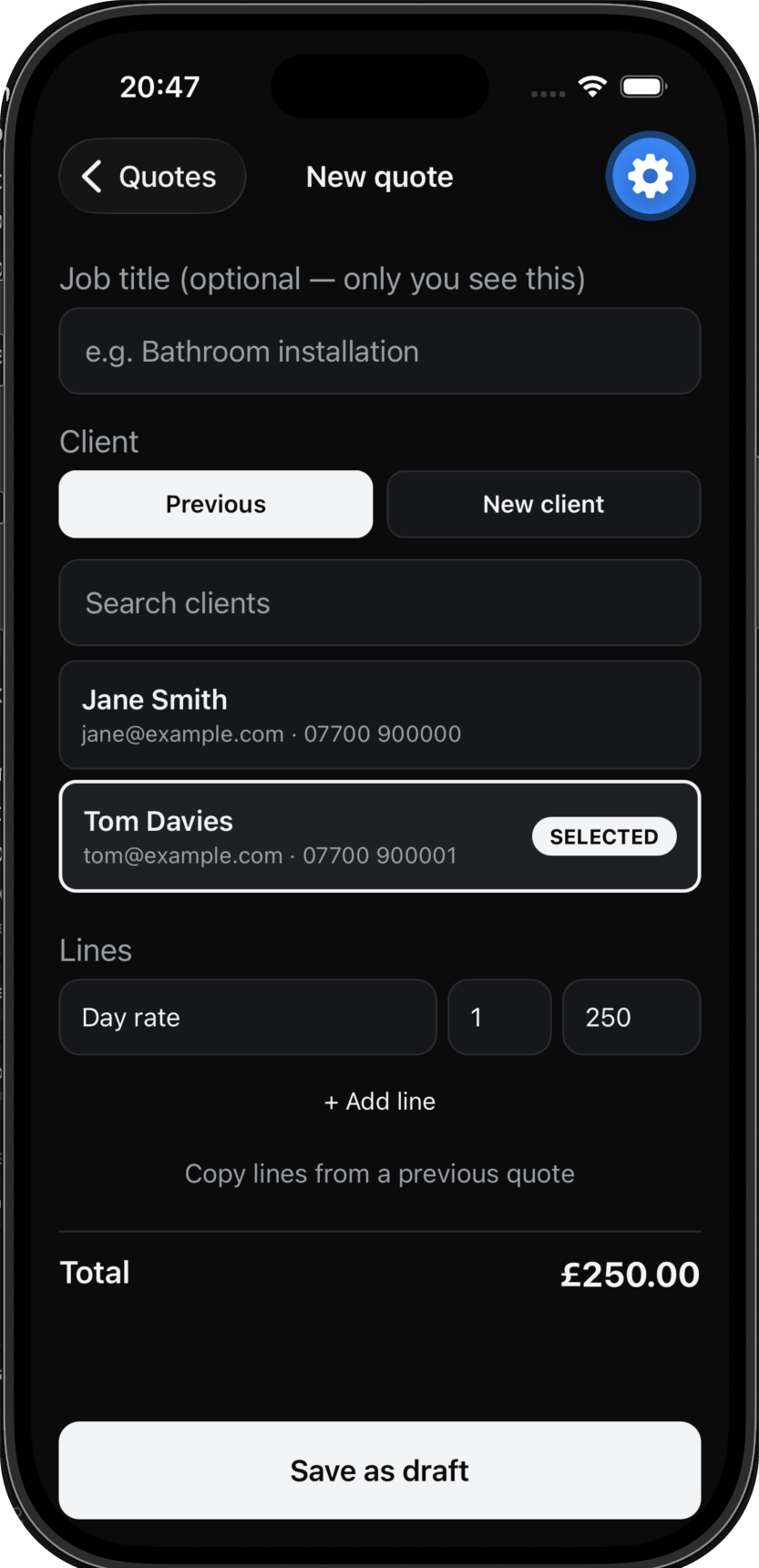 The new quote screen on a phone, with a client picked from a saved list and a day-rate line totalling £250.